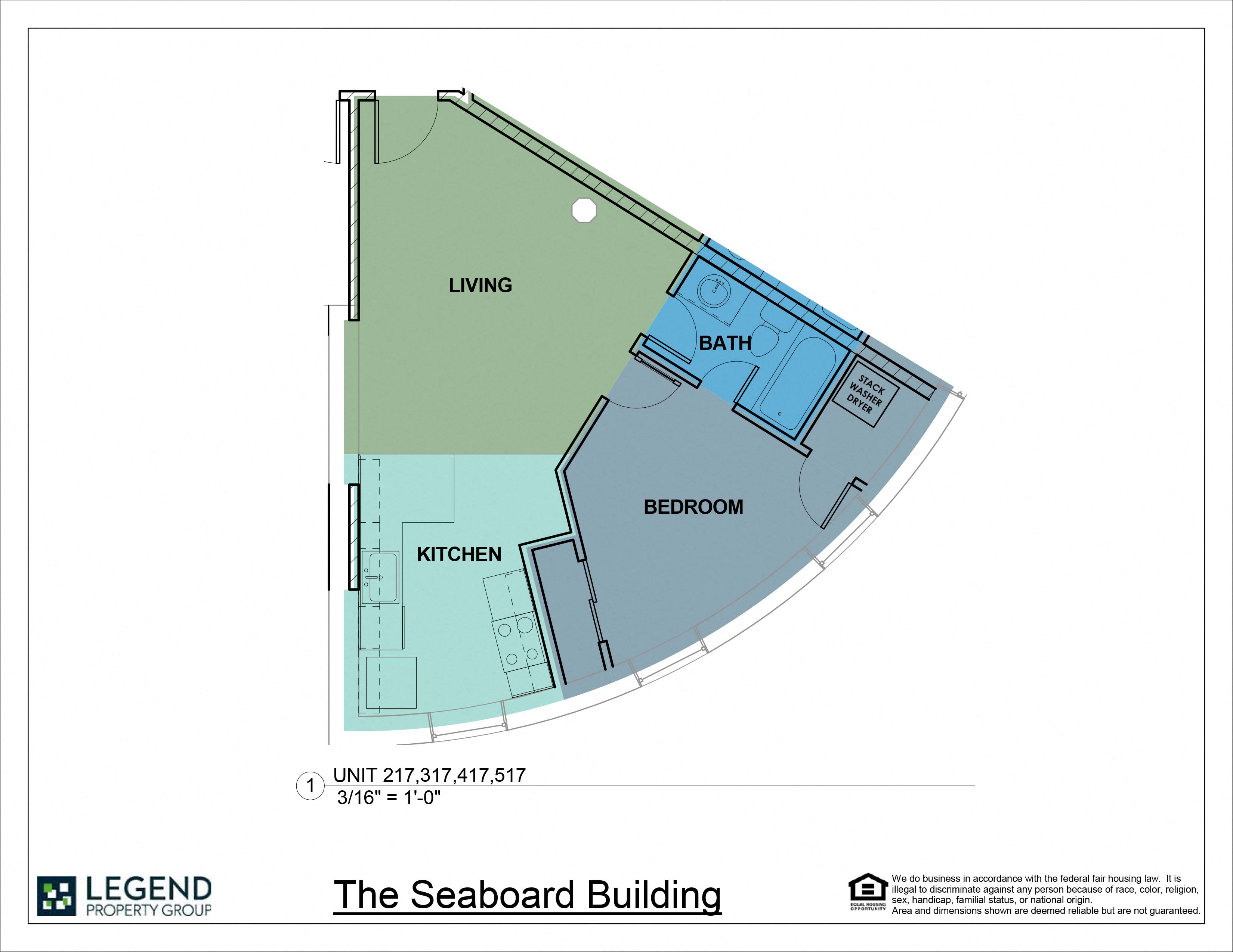 Floor plan for 1 bed, 1 bath, 595 sqft